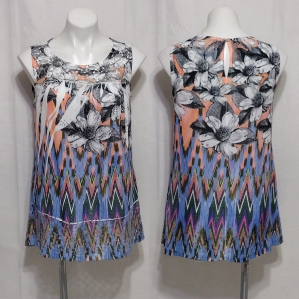 NEW S-Twelve Rhinestone Embellished Floral Geometric Print Tunic Top S Boho Chic